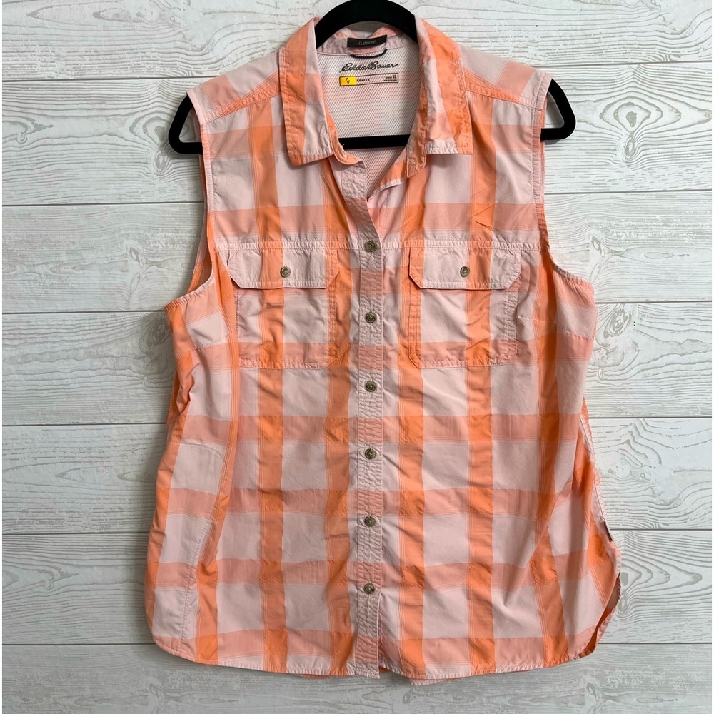 Eddie Bauer Women’s Peach Checkered Sleeveless Button Down Shirt. Size XL